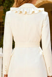 White Ruffle Long Sleeve Work Dress With Belt