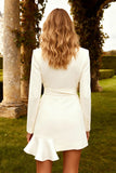 White Notched Lapel Long Sleeve Mini Work Dress With Belt