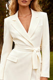 White Notched Lapel Long Sleeve Mini Work Dress With Belt