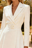 White A-Line Peak Lapel Mini Work Dress With Belt