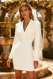 White Bodycon Peak Lapel Business Casual Dress With Long Sleeves