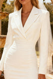 White Bodycon Peak Lapel Business Casual Dress With Long Sleeves