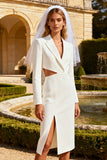 Cut Out White Pencil Peak Lapel Work Dress With Slit