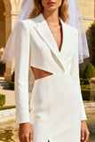 Cut Out White Pencil Peak Lapel Work Dress With Slit