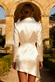 White Satin Peak Lapel Asymmetrical Mini Blazer Dress