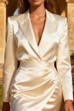 White Satin Peak Lapel Asymmetrical Mini Blazer Dress