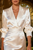 Satin White Bodycon Peak Lapel Work Dress With 3/4 Sleeves