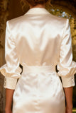 Satin White Bodycon Peak Lapel Work Dress With 3/4 Sleeves