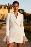 White Peak Lapel Work Dress with Long Sleeves