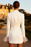 White Peak Lapel Work Dress with Long Sleeves