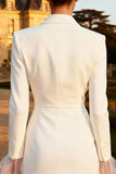 White Peak Lapel Work Dress with Long Sleeves