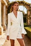 White Peak Lapel Bodycon Mini Blazer Dress With Flared Sleeves