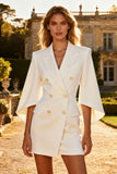 White Double Breasted Peak Lapel Blazer Dress With 3/4 Sleeves