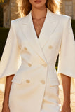 White Double Breasted Peak Lapel Blazer Dress With 3/4 Sleeves