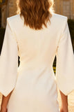 White Double Breasted Peak Lapel Blazer Dress With 3/4 Sleeves