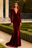 Burgundy Velvet Mermaid Long Sleeve Maxi Formal Dress