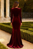 Burgundy Velvet Mermaid Long Sleeve Maxi Formal Dress