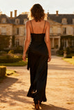 Satin Spaghetti Straps Maxi Black Tie Dress With Slit