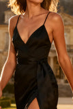 Satin Spaghetti Straps Maxi Black Tie Dress With Slit