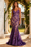 Lace Purple Mermaid Spaghetti Straps Maxi Formal Dress