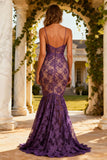 Lace Purple Mermaid Spaghetti Straps Maxi Formal Dress