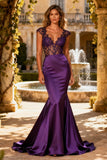 Purple Mermaid Lace V-Neck Formal Dress With Cap Sleeves