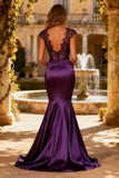 Purple Mermaid Lace V-Neck Formal Dress With Cap Sleeves