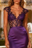 Purple Mermaid Lace V-Neck Formal Dress With Cap Sleeves
