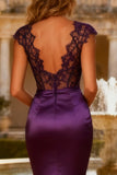 Purple Mermaid Lace V-Neck Formal Dress With Cap Sleeves