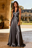 Halter Satin A-Line Steel Grey Maxi Formal Dress