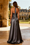 Halter Satin A-Line Steel Grey Maxi Formal Dress