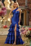 Royal Blue One Shoulder Mermaid Corset Ruffled Prom Dress With Slit