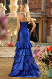 Royal Blue One Shoulder Mermaid Corset Ruffled Prom Dress With Slit