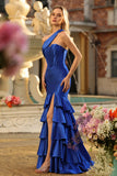 Royal Blue One Shoulder Mermaid Corset Ruffled Prom Dress With Slit
