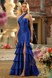 Royal Blue One Shoulder Mermaid Corset Ruffled Prom Dress With Slit