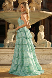Sage Green A-Line Halter Tiered Beaded Maxi Prom Dress With Slit