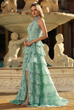 Sage Green A-Line Halter Tiered Beaded Maxi Prom Dress With Slit