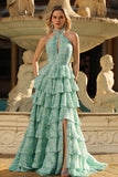 Sage Green A-Line Halter Tiered Beaded Maxi Prom Dress With Slit