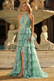 Sage Green A-Line Halter Tiered Beaded Maxi Prom Dress With Slit