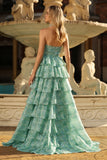 Sage Green A-Line Halter Tiered Beaded Maxi Prom Dress With Slit
