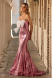Sparkly Pink Mermaid Strapless Maxi Prom Dress With Bow