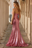 Sparkly Pink Mermaid Strapless Maxi Prom Dress With Bow