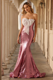 Sparkly Pink Mermaid Strapless Maxi Prom Dress With Bow