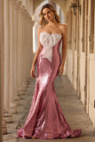 Sparkly Pink Mermaid Strapless Maxi Prom Dress With Bow