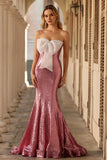 Sparkly Pink Mermaid Strapless Maxi Prom Dress With Bow