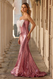 Sparkly Pink Mermaid Strapless Maxi Prom Dress With Bow