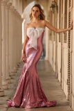 Sparkly Pink Mermaid Strapless Maxi Prom Dress With Bow