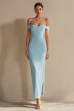 Sky Blue Sheath Cold Shoulder Maxi Evening Dress