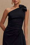 Sheath One Shoulder Satin Black Tie Dress With Slit