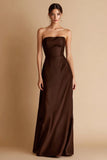 Strapless Coffee Satin Sheath Maxi Evening Dress